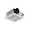 A Broan 50 CFM bath fan with a white grille, galvanized steel housing, and a round side outlet.