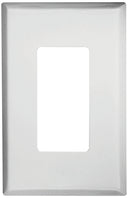 A white Pass & Seymour self-contained wall plate, showing the receptacle separated from the plate, against a plain background.