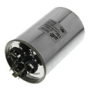 A cylindrical motor run capacitor with multiple connection points and a label indicating Micro Farad and Volt specifications.