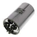 A cylindrical motor run capacitor with a metallic body and multiple connection terminals visible through a transparent section.