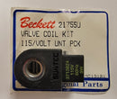 A packaged valve coil kit labeled as 'BECKETT 21755U VALVE COIL KIT' with visible voltage and hertz specifications.