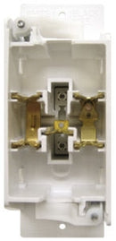 Back side of a white Pass & Seymour self-contained wall receptacle with adjustable mounting ears, designed for electrical installations in mobile homes.