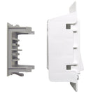 Side view of a white Pass & Seymour self-contained wall receptacle with adjustable mounting ears, designed for electrical installations in mobile homes.