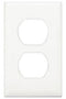A white Wirecon self-contained receptacle plate with two electrical outlets.