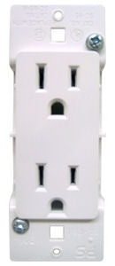 A white Pass & Seymour self-contained wall receptacle with adjustable mounting ears, designed for electrical installations in mobile homes.