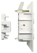 Side view of a white Wirecon self-contained wall receptacle with adjustable mounting ears and a clean finish.