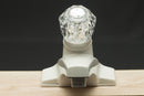 A head-on view of A white bathroom sink faucet with a singular crystal knob to control the water temperature and flow.