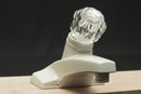 A white bathroom sink faucet with a singular crystal knob to control the water temperature and flow.