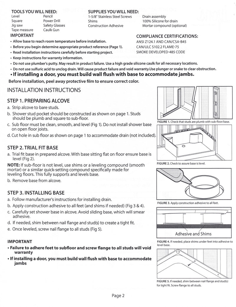 Lyons 42''x54'' White Mobile Home Shower Base With 3 Piece Surround