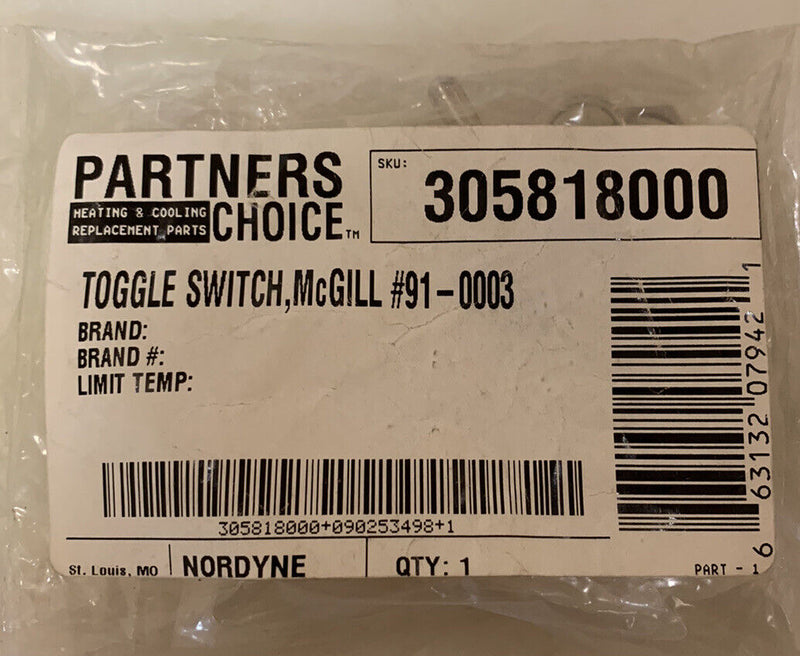 Nordyne Miller Toggle Switch 305818000 (Not Returnable)
