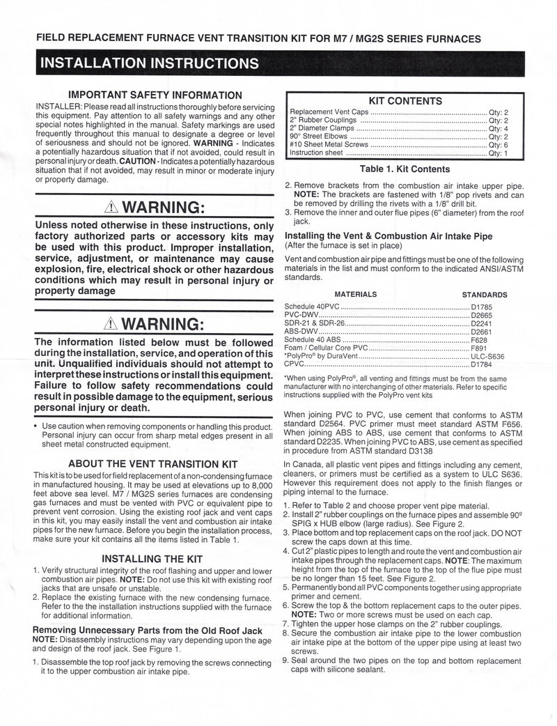 Nordyne - Miller - Intertherm Furnace Vent Kit